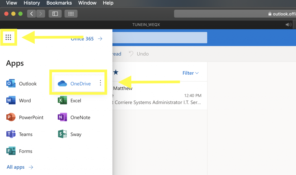 OneDrive Location Top left of CU Email