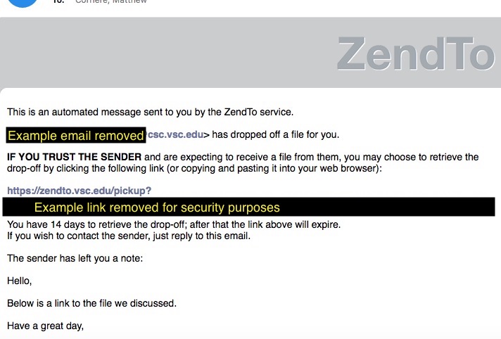 ZendTo Example email