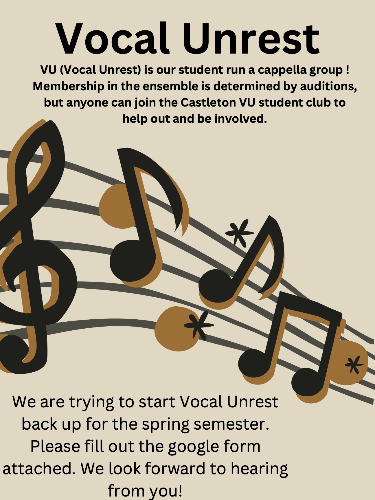 Do you enjoy a cappella?

Join Vocal Unrest!

VU is a student run group that sings a cappella pieces in a variety of genres. This group is open to all students of any major, not just music majors. 

Interested?