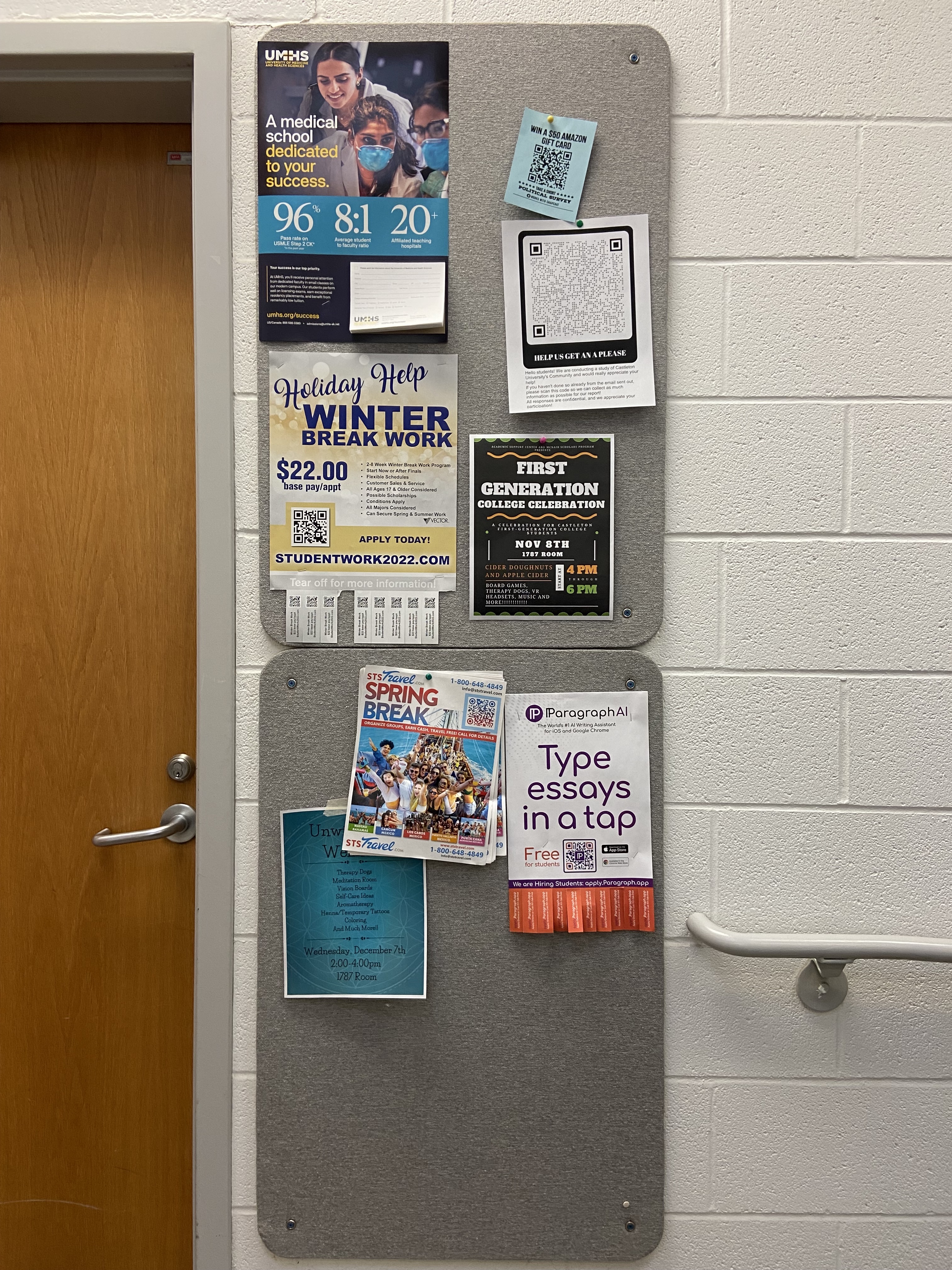 An image of paper signs tacked to a bulletin board.