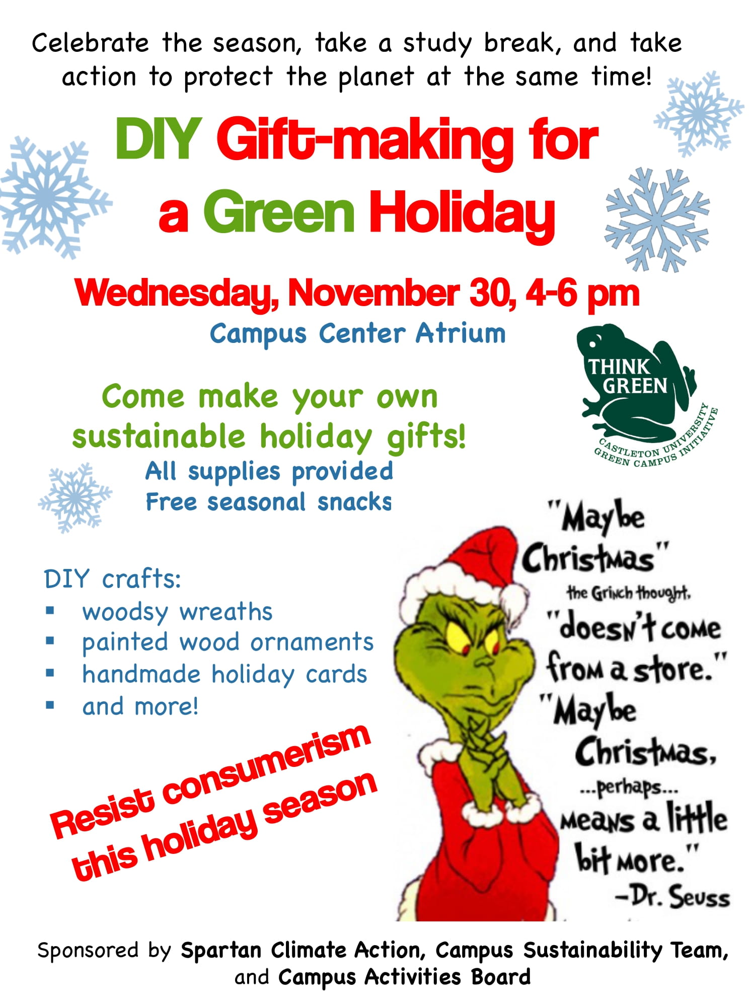 DIY Gift-Making for a Green Holiday! | Wednesday, November 30th | 4-6pm | Campus Center Atrium