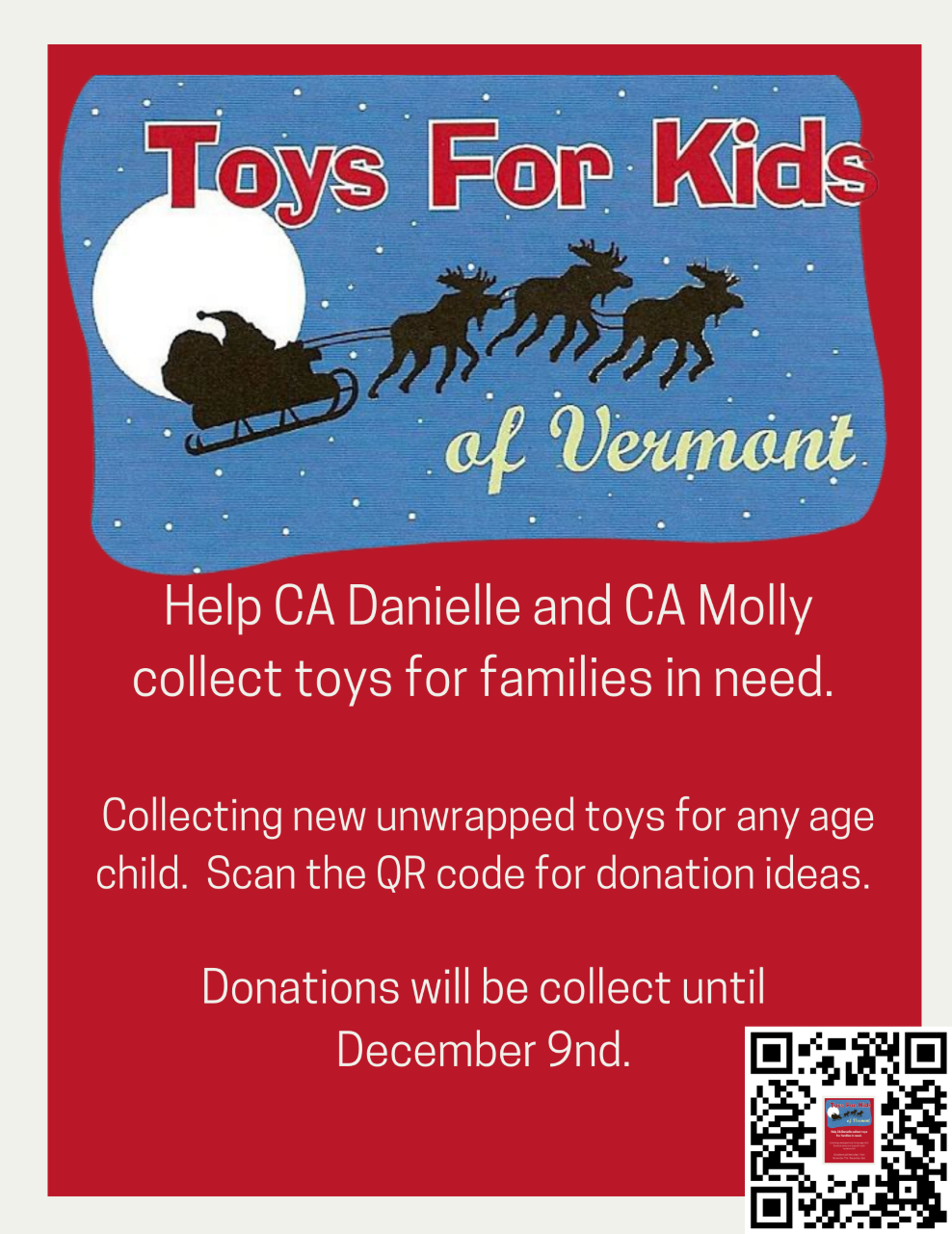 Scan the QR code for ideas of what to donate to Toys for Kids of Vermont!
