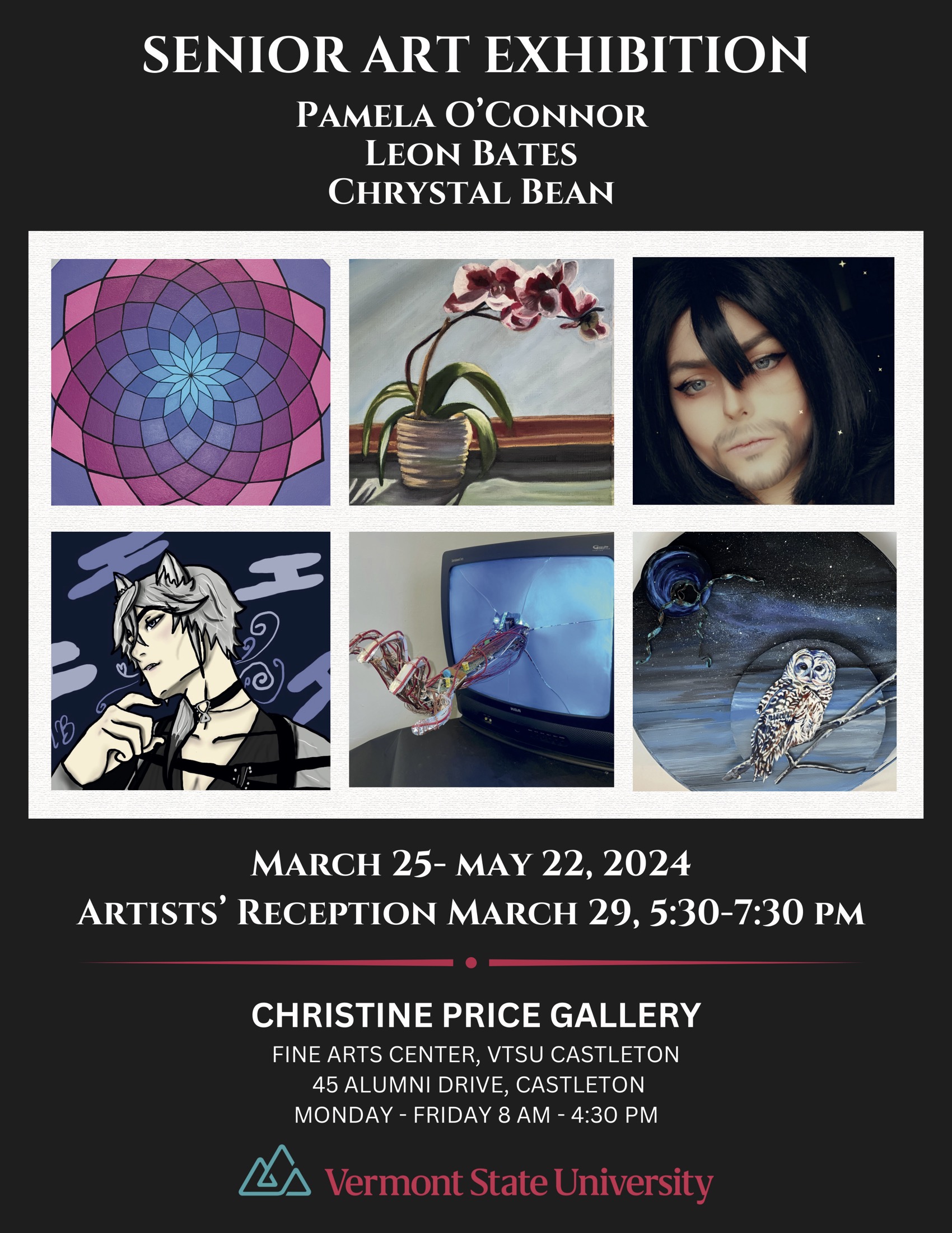 The Christine Price Gallery happily presents "The Senior Art Exhibition" being held from Monday, March 25th - Wednesday, May 22nd!

There will be an Artist Reception held Friday, March 29th from 5:30 - 7:30 pm.

This exhibit will be a culmination of these students' entire university experience.  Please show your support by checking their work out and visiting their reception!

The show will include amazing works from Seniors Pamela O'Connor, Leon Bates and Chrystal Bean.