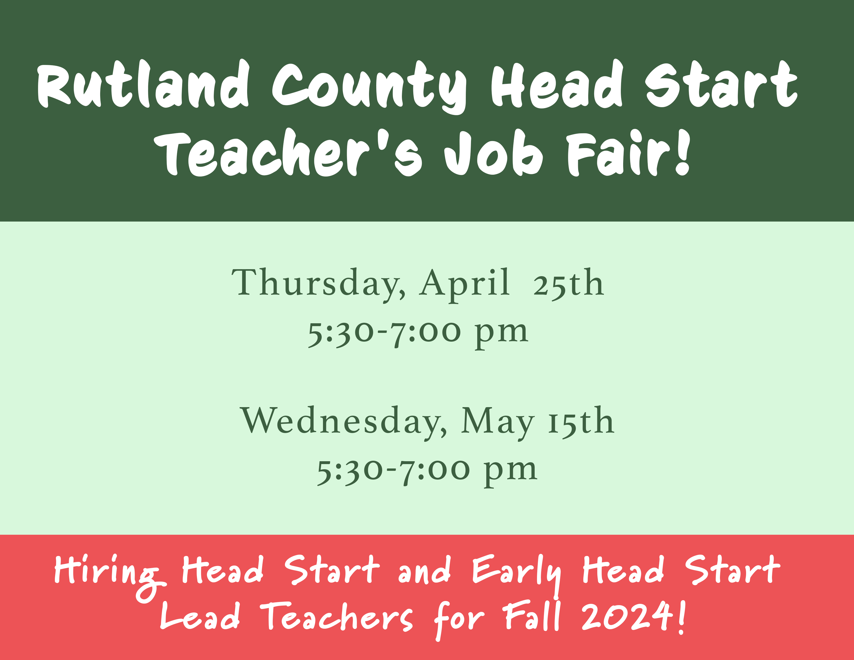 Now Hiring Head Start and Early Head Start Lead Teachers for Fall 2024!

Are you interested in finding out more about working as a Head Start Teacher?

We are now recruiting for Fall teacher positions: 

Lead Teacher and Teacher in Training

We will be having a Job Fair/ Open House on:

Thursday, April  25th from 5:30-7:00 pm 

Wednesday, May 15th from 5:30-7:00 pm

We will be having a short presentation on Head Start, Early Head Start including a Q&A panel from current teachers and managers.