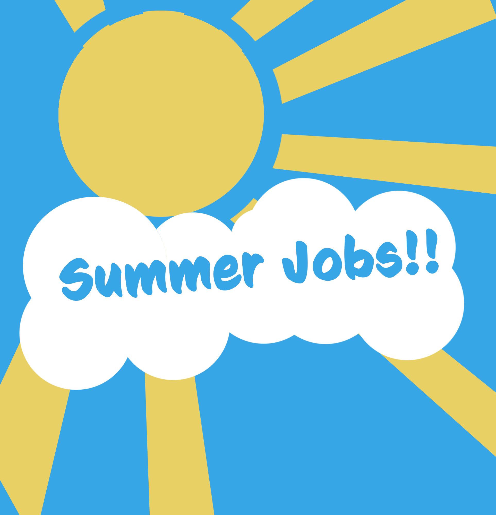 'Summer Jobs' on white cloud over yellow sun on blue background