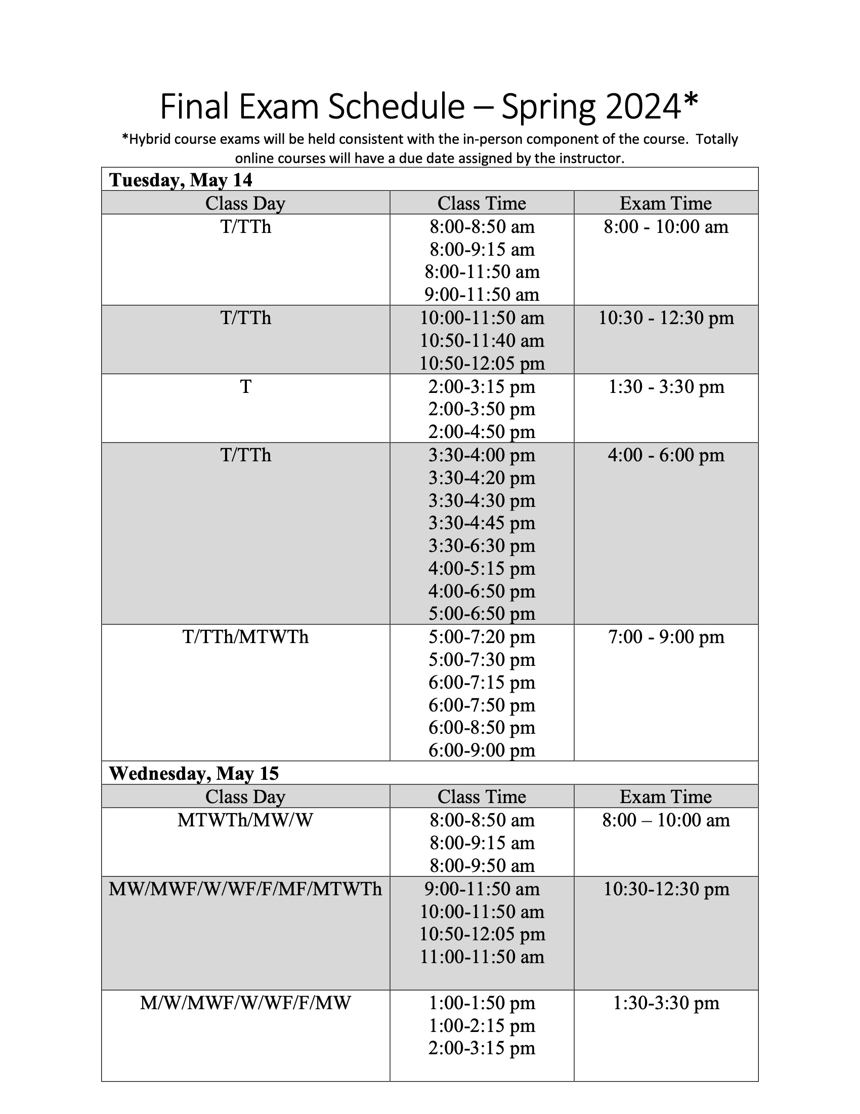 Final Exam Schedule – Spring 2024*
*Hybrid course exams will be held consistent with the in-person component of the course. Totally online courses will have a due date assigned by the instructor.
Tuesday, May 14
Class Day
Class Time
Exam Time
T/TTh
8:00-8:50 am
8:00-9:15 am 8:00-11:50 am 9:00-11:50 am
8:00 - 10:00 am
T/TTh
10:00-11:50 am 10:50-11:40 am 10:50-12:05 pm
10:30 - 12:30 pm
T
2:00-3:15 pm 2:00-3:50 pm 2:00-4:50 pm
1:30 - 3:30 pm
T/TTh
3:30-4:00 pm 3:30-4:20 pm 3:30-4:30 pm 3:30-4:45 pm 3:30-6:30 pm 4:00-5:15 pm 4:00-6:50 pm 5:00-6:50 pm
4:00 - 6:00 pm
T/TTh/MTWTh
5:00-7:20 pm 5:00-7:30 pm 6:00-7:15 pm 6:00-7:50 pm 6:00-8:50 pm 6:00-9:00 pm
7:00 - 9:00 pm
Wednesday, May 15
Class Day
Class Time
Exam Time
MTWTh/MW/W
8:00-8:50 am 8:00-9:15 am 8:00-9:50 am
8:00 – 10:00 am
MW/MWF/W/WF/F/MF/MTWTh
9:00-11:50 am 10:00-11:50 am 10:50-12:05 pm 11:00-11:50 am
10:30-12:30 pm
M/W/MWF/W/WF/F/MW
1:00-1:50 pm 1:00-2:15 pm 2:00-3:15 pm
1:30-3:30 pm